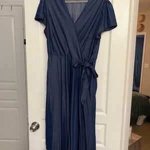 Cato Navy Wrap Midi Dress with Tie Waist